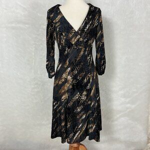 Vintage 90s Alberto Makali Shawl Collar Velvet Snake Brown Black Midi Dress 8